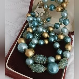 Vintage Japan 50s Teal and Gold Beaded Women's Necklace